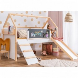 Детско Легло Къщичка GINGER HOME, Монтесори, Двуетажно, Пързалка, Черна Дъска, Подматрачна Рамка 90х200 см - SRK-20 - изглед 3
                  