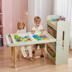 Детска Активна Маса 3в1 GINGER HOME със 2 Столчета, Сензорна Маса за Пясък и Вода, Бяла и Черна Дъска, Етажерка и Органайзер - AT-KP-2515 - изглед 11
                  