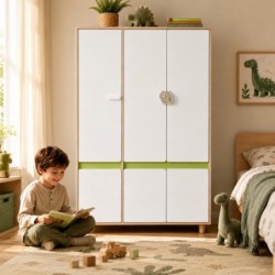 Детски Трикрилен Гардероб GINGER HOME DINO, с Рафтове, Лост за Закачалки и 6 Врати, Бяло, Зелено и Натурално Дърво, 120х60х180 с - SRW-57 - изглед 1