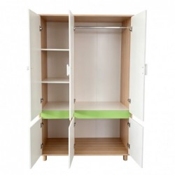 Детски Трикрилен Гардероб GINGER HOME DINO, с Рафтове, Лост за Закачалки и 6 Врати, Бяло, Зелено и Натурално Дърво, 120х60х180 см - SRW-57 - изглед 4
                  