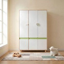 Детски Трикрилен Гардероб GINGER HOME DINO, с Рафтове, Лост за Закачалки и 6 Врати, Бяло, Зелено и Натурално Дърво, 120х60х180 см - SRW-57 - изглед 5
                  