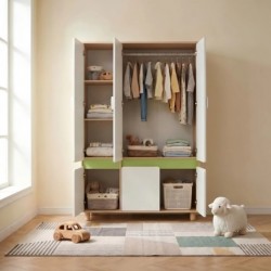 Детски Трикрилен Гардероб GINGER HOME DINO, с Рафтове, Лост за Закачалки и 6 Врати, Бяло, Зелено и Натурално Дърво, 120х60х180 см - SRW-57 - изглед 6
                  