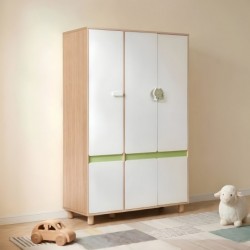 Детски Трикрилен Гардероб GINGER HOME DINO, с Рафтове, Лост за Закачалки и 6 Врати, Бяло, Зелено и Натурално Дърво, 120х60х180 см - SRW-57 - изглед 7
                  