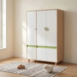 Детски Трикрилен Гардероб GINGER HOME DINO, с Рафтове, Лост за Закачалки и 6 Врати, Бяло, Зелено и Натурално Дърво, 120х60х180 см - SRW-57 - изглед 8
                  