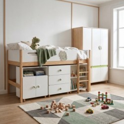 Детски Трикрилен Гардероб GINGER HOME DINO, с Рафтове, Лост за Закачалки и 6 Врати, Бяло, Зелено и Натурално Дърво, 120х60х180 см - SRW-57 - изглед 14
                  