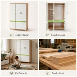 Детски Трикрилен Гардероб GINGER HOME DINO, с Рафтове, Лост за Закачалки и 6 Врати, Бяло, Зелено и Натурално Дърво, 120х60х180 см - SRW-57 - изглед 17
                  