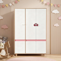 Детски Трикрилен Гардероб GINGER HOME CHERRY, с Рафтове, Лост за Закачалки и 6 Врати, Бяло, Розово и Натурално Дърво, 120х60х180 - SRW-56 - изглед 1