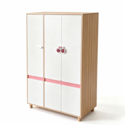 Детски Трикрилен Гардероб GINGER HOME CHERRY, с Рафтове, Лост за Закачалки и 6 Врати, Бяло, Розово и Натурално Дърво, 120х60х180 см - SRW-56 - изглед 3
                  