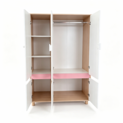 Детски Трикрилен Гардероб GINGER HOME CHERRY, с Рафтове, Лост за Закачалки и 6 Врати, Бяло, Розово и Натурално Дърво, 120х60х180 см - SRW-56 - изглед 4
                  