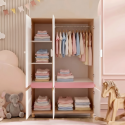 Детски Трикрилен Гардероб GINGER HOME CHERRY, с Рафтове, Лост за Закачалки и 6 Врати, Бяло, Розово и Натурално Дърво, 120х60х180 см - SRW-56 - изглед 5
                  