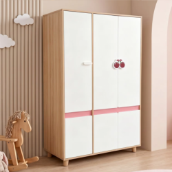 Детски Трикрилен Гардероб GINGER HOME CHERRY, с Рафтове, Лост за Закачалки и 6 Врати, Бяло, Розово и Натурално Дърво, 120х60х180 см - SRW-56 - изглед 6
                  