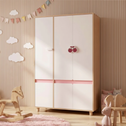 Детски Трикрилен Гардероб GINGER HOME CHERRY, с Рафтове, Лост за Закачалки и 6 Врати, Бяло, Розово и Натурално Дърво, 120х60х180 см - SRW-56 - изглед 7
                  