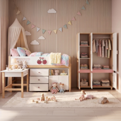 Детски Трикрилен Гардероб GINGER HOME CHERRY, с Рафтове, Лост за Закачалки и 6 Врати, Бяло, Розово и Натурално Дърво, 120х60х180 см - SRW-56 - изглед 9
                  