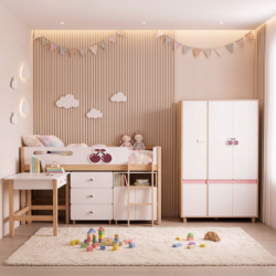 Детски Трикрилен Гардероб GINGER HOME CHERRY, с Рафтове, Лост за Закачалки и 6 Врати, Бяло, Розово и Натурално Дърво, 120х60х180 см - SRW-56 - изглед 10
                  