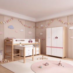Детски Трикрилен Гардероб GINGER HOME CHERRY, с Рафтове, Лост за Закачалки и 6 Врати, Бяло, Розово и Натурално Дърво, 120х60х180 см - SRW-56 - изглед 12
                  