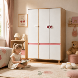 Детски Трикрилен Гардероб GINGER HOME CHERRY, с Рафтове, Лост за Закачалки и 6 Врати, Бяло, Розово и Натурално Дърво, 120х60х180 см - SRW-56 - изглед 15
                  