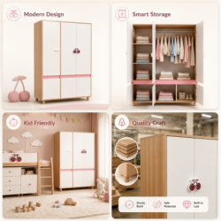 Детски Трикрилен Гардероб GINGER HOME CHERRY, с Рафтове, Лост за Закачалки и 6 Врати, Бяло, Розово и Натурално Дърво, 120х60х180 см - SRW-56 - изглед 16
                  