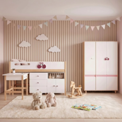 Комплект Детска Стая GINGER HOME CHERRY с Комбинирано Легло 90x200 см, Бюро, Скрин, Шкаф и Трикрилен Гардероб, Бяло, Розово и На - SR-C - изглед 1