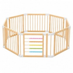 Детска Дървена Кошара за Игра GINGER HOME, 8 Панела, с Вратичка, Бизи Борд и Защитно Заключване, Масивен Новозеландски Бор, 140x - EW-01 - изглед 1