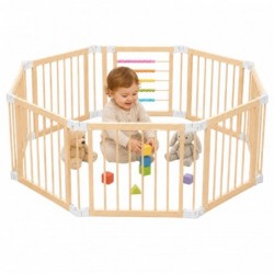Детска Дървена Кошара за Игра GINGER HOME, 8 Панела, с Вратичка, Бизи Борд и Защитно Заключване, Масивен Новозеландски Бор, 140x140x61 см - EW-01 - изглед 3
                  