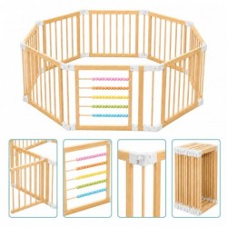 Детска Дървена Кошара за Игра GINGER HOME, 8 Панела, с Вратичка, Бизи Борд и Защитно Заключване, Масивен Новозеландски Бор, 140x140x61 см - EW-01 - изглед 4
                  