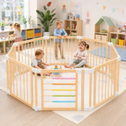 Детска Дървена Кошара за Игра GINGER HOME, 8 Панела, с Вратичка, Бизи Борд и Защитно Заключване, Масивен Новозеландски Бор, 140x140x61 см - EW-01 - изглед 6
                  