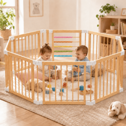 Детска Дървена Кошара за Игра GINGER HOME, 8 Панела, с Вратичка, Бизи Борд и Защитно Заключване, Масивен Новозеландски Бор, 140x140x61 см - EW-01 - изглед 9
                  