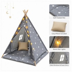Детска Памучна Палатка GINGER HOME Little Stars, Типи, Сива със Звезди, 100% Памук, с Мека Подложка с Пълнеж, Възглавница и LED - JW-KT001-G - изглед 1