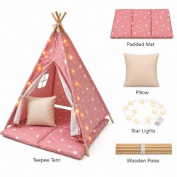 Детска Памучна Палатка GINGER HOME Little Stars, Типи, Розова със Звезди, 100% Памук, с Мека Подложка с Пълнеж, Възглавница и LE - JW-KT001-P - изглед 1