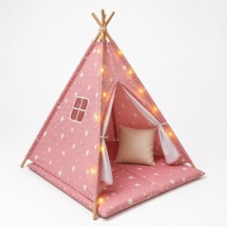 Детска Памучна Палатка GINGER HOME Little Stars, Типи, Розова със Звезди, 100% Памук, с Мека Подложка с Пълнеж, Възглавница и LED Лампички, 120x120x160 см - JW-KT001-P - изглед 3
                  
