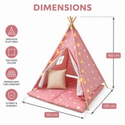 Детска Памучна Палатка GINGER HOME Little Stars, Типи, Розова със Звезди, 100% Памук, с Мека Подложка с Пълнеж, Възглавница и LED Лампички, 120x120x160 см - JW-KT001-P - изглед 4
                  