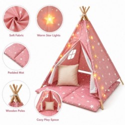 Детска Памучна Палатка GINGER HOME Little Stars, Типи, Розова със Звезди, 100% Памук, с Мека Подложка с Пълнеж, Възглавница и LED Лампички, 120x120x160 см - JW-KT001-P - изглед 5
                  