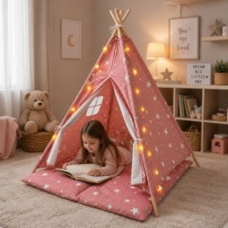 Детска Памучна Палатка GINGER HOME Little Stars, Типи, Розова със Звезди, 100% Памук, с Мека Подложка с Пълнеж, Възглавница и LED Лампички, 120x120x160 см - JW-KT001-P - изглед 6
                  