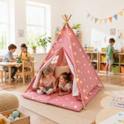 Детска Памучна Палатка GINGER HOME Little Stars, Типи, Розова със Звезди, 100% Памук, с Мека Подложка с Пълнеж, Възглавница и LED Лампички, 120x120x160 см - JW-KT001-P - изглед 7
                  