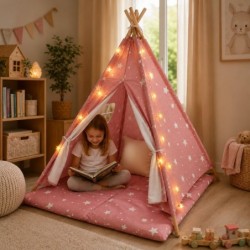 Детска Памучна Палатка GINGER HOME Little Stars, Типи, Розова със Звезди, 100% Памук, с Мека Подложка с Пълнеж, Възглавница и LED Лампички, 120x120x160 см - JW-KT001-P - изглед 8
                  