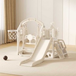 Детска къща за игра Feelkids с пързалка, люлка и баскетболен кош – бежова - FE-HT-SDW02-BG - изглед 1
