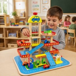 Детски Дървен Паркинг GINGER HOME, Многоетажен Гараж с Асансьор, Хеликоптерна Площадка, Бензиностанция и Автомивка, 50x40x47 см - W04B034 - изглед 5
                  