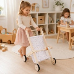 Детска Дървена Количка за Кукли GINGER HOME с Мек Текстилен Кош, Натурално Дърво, 34x46x49.5 см - W16E331B - изглед 4
                  