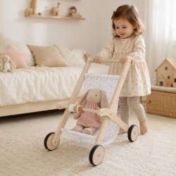 Детска Дървена Количка за Кукли GINGER HOME с Мек Текстилен Кош, Натурално Дърво, 34x46x49.5 см - W16E331B - изглед 5
                  