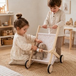 Детска Дървена Количка за Кукли GINGER HOME с Мек Текстилен Кош, Натурално Дърво, 34x46x49.5 см - W16E331B - изглед 6
                  