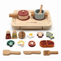 Детски Дървен Кухненски Комплект GINGER HOME с Котлон, Съдове, Прибори и Храни за Рязане, Натурално Дърво, 22x18x4 см - W10B464 - изглед 1