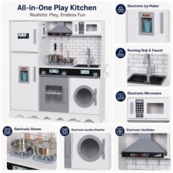 Детска Дървена Кухня GINGER HOME с Хладилник, Мивка с Течаща Вода, Микровълнова, Пералня и Електронни Функции, 97x30x94 см - W10C991 - изглед 3
                  
