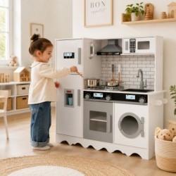 Детска Дървена Кухня GINGER HOME с Хладилник, Мивка с Течаща Вода, Микровълнова, Пералня и Електронни Функции, 97x30x94 см - W10C991 - изглед 4
                  
