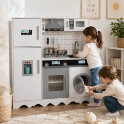 Детска Дървена Кухня GINGER HOME с Хладилник, Мивка с Течаща Вода, Микровълнова, Пералня и Електронни Функции, 97x30x94 см - W10C991 - изглед 5
                  