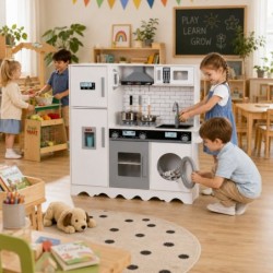 Детска Дървена Кухня GINGER HOME с Хладилник, Мивка с Течаща Вода, Микровълнова, Пералня и Електронни Функции, 97x30x94 см - W10C991 - изглед 6
                  