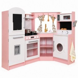 Голяма Детска Дървена Кухня GINGER HOME, Ъглова с Мивка с Течаща Вода, Звук и Светлина, Хладилник, Микровълнова, Пералня, Прозор - W10C933J - изглед 1
