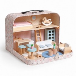 Детска Дървена Къща Куфар GINGER HOME, Преносима Мини Къща за Кукли с Мебели и Аксесоари, Розова, 30.5x20.5x10.5 см - W06A651 - изглед 1