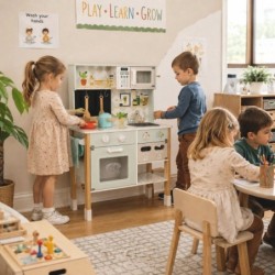 Детска Дървена Кухня GINGER HOME с Електронен Котлон, Микровълнова, Фурна, Мивка и Аксесоари, Масивно Дърво и MDF, 60x26.5x91 см - W10K066 - изглед 6
                  