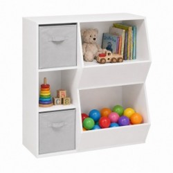 Детска Етажерка GINGER HOME, Органайзер за Книги и Играчки с 2 Текстилни Кутии, Бяла, 76.5×35×93 см - JWTR-3247 - изглед 1