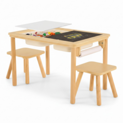 Детска Дървена Масичка за Активна Игра с 2 Столчета GINGER HOME 5 в 1, Дъска за Рисуване, Ролка Хартия и Кутии за Съхранение, 73 - VM-10 - изглед 1